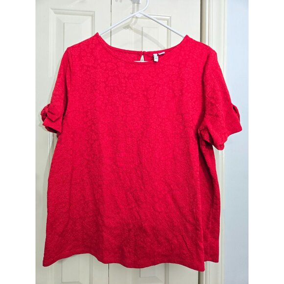 Elle Red Textured Short-Sleeve Top With Bow Accents Womens XL Polyester/Spandex - Picture 3 of 6